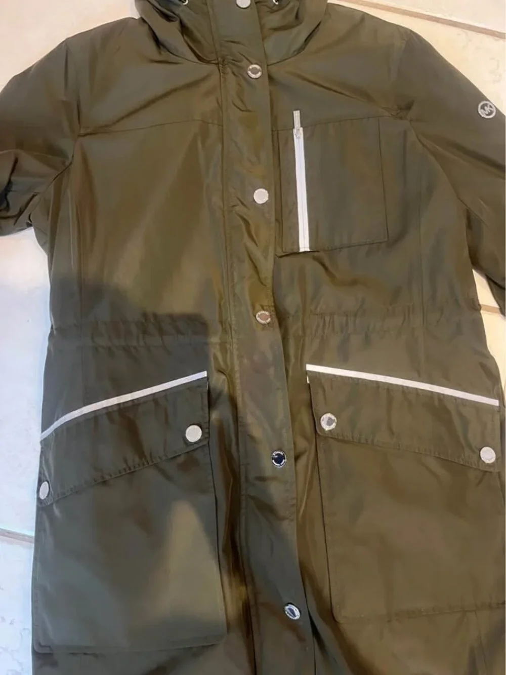Michael Kors hooded jacket olive green silver buttons cinch waist